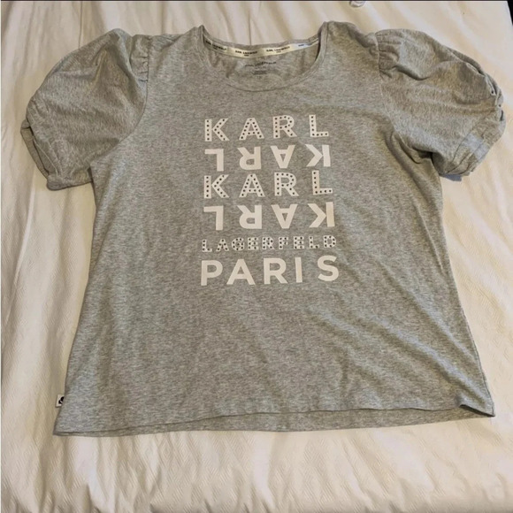 KARL LAGERFELD PARIS Women's Studded Logo Embellished Puff Sleeve Shirt XL - Picture 1 of 9